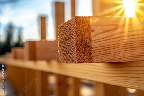 Close-up of wooden beams illuminated by sunlight, showcasing the texture and natural beauty of timber in construction. photo