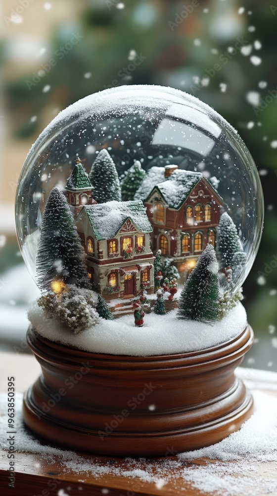 A snow globe scene with a miniature Christmas village inside, soft sparkles of snow floating in the globe, [Christmas background], [holiday wonder]