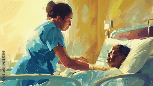 a scene of a nurse in scrubs, gently caring for a patient in a hospital bed, checking their vital signs photo