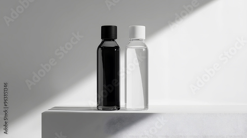 Wallpaper Mural Two glass bottles, one with a black cap and one with a white cap, side by side on a minimalist platform, showcasing their versatility in a clean environment Torontodigital.ca