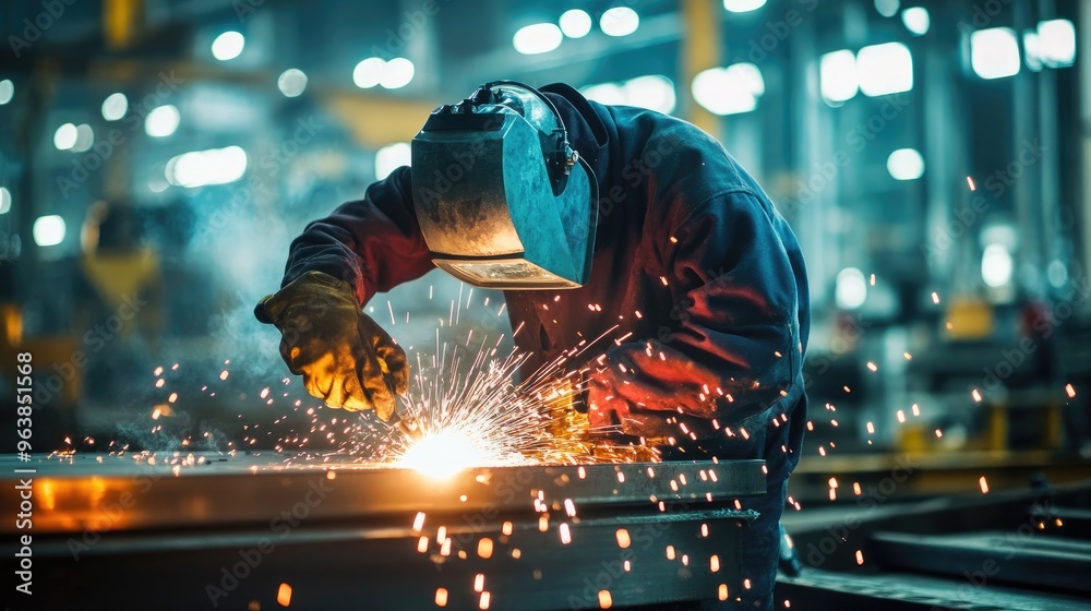 A skilled worker welds with precision in a factory, sparks flying, highlighting expertise and industrial skill. A skilled worker welds with precision in a factory, sparks flying, highlighting expertise and industrial skill.