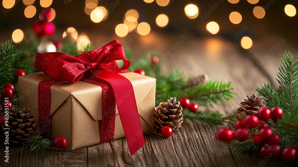 Christmas Background with Red Gift Box, Pine Branches, Baubles, and Glittering Star Ornaments on a Festive Red Surface; Holiday Card Design with Pine Cones, Berries, and Shimmering Decorations for Sea Christmas Background with Red Gift Box, Pine Branches, Baubles, and Glittering Star Ornaments on a Festive Red Surface; Holiday Card Design with Pine Cones, Berries, and Shimmering Decorations for Sea
