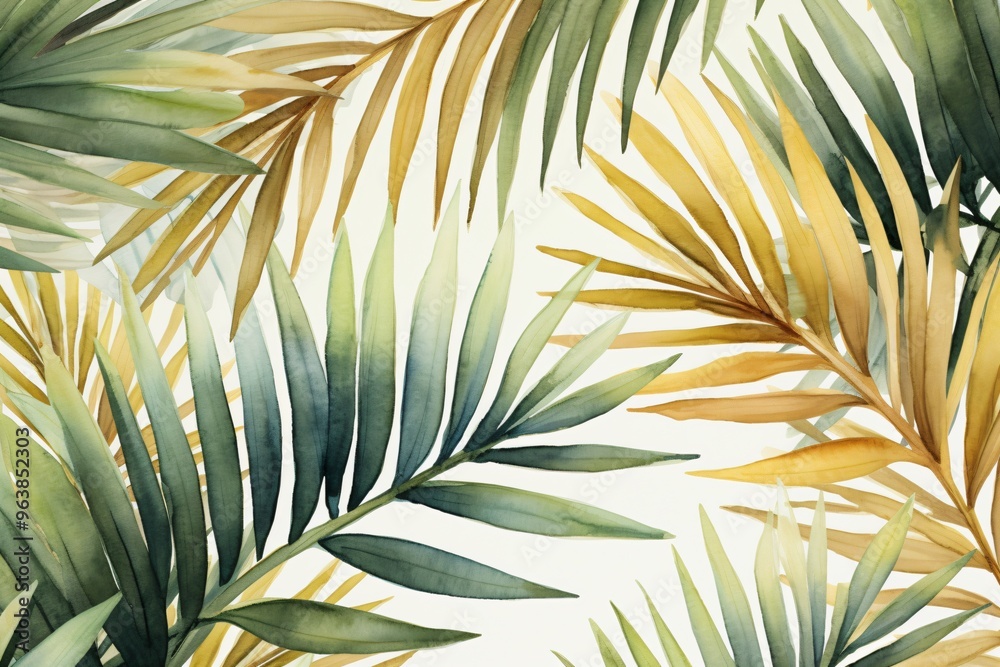 Fototapeta premium Watercolor green and brown palm leaves background