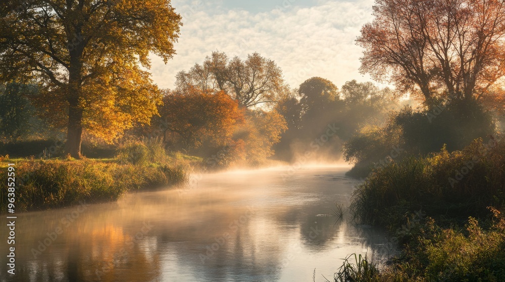 Misty Autumn River Surrounded by Golden Trees Misty Autumn River Surrounded by Golden Trees