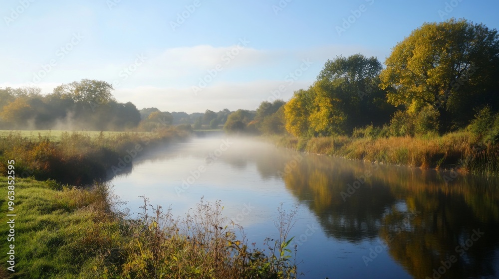 Foggy Morning River Scene with Autumn Trees and Lush Grass Foggy Morning River Scene with Autumn Trees and Lush Grass