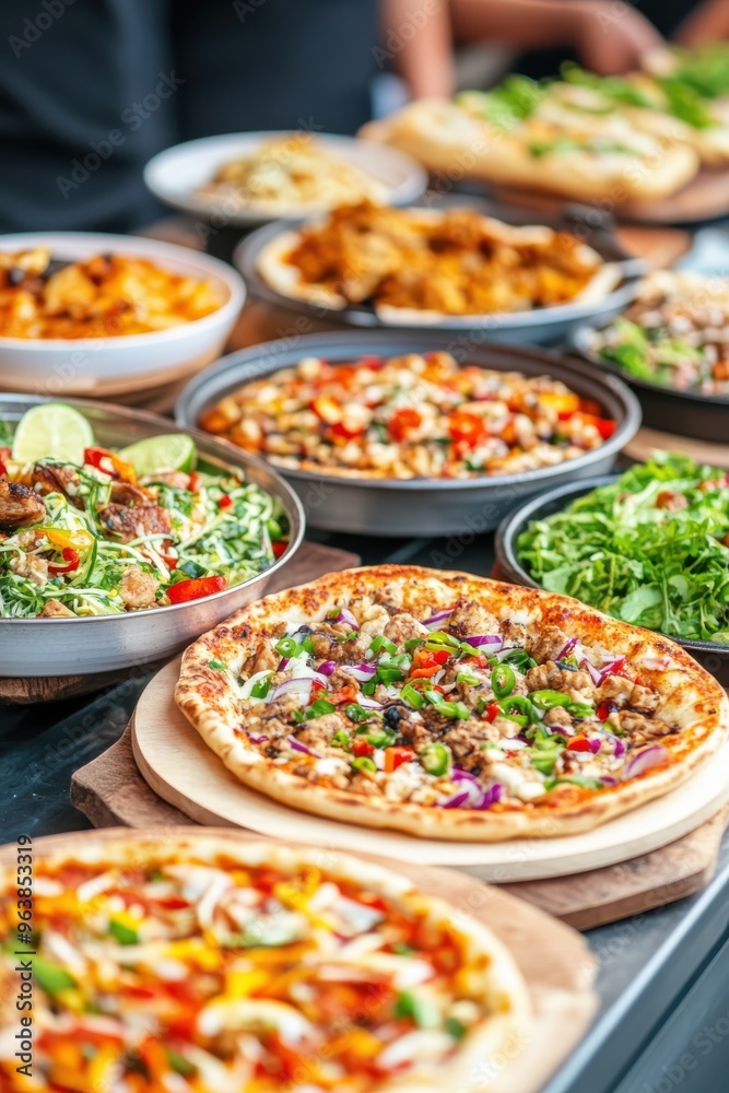 A vibrant display of delicious pizza and fresh salads, perfect for a feast or catering event. A vibrant display of delicious pizza and fresh salads, perfect for a feast or catering event.