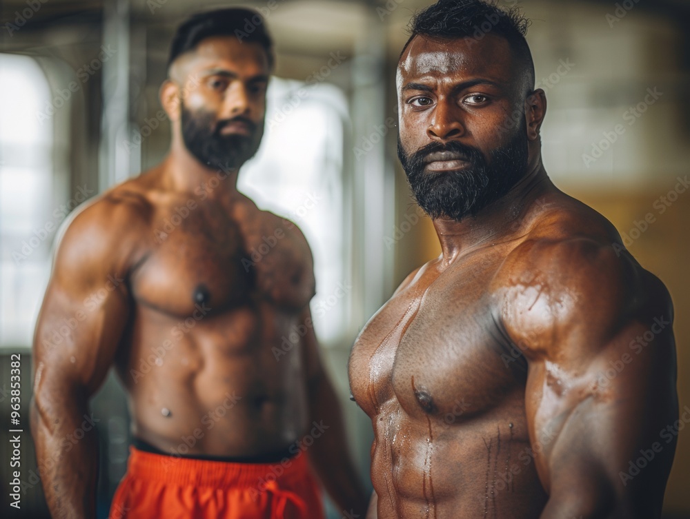Fototapeta premium Heavyset fat obese guy, 23 yo, south east asian indian, hairy, detailed facial features, neutral face expression. Dark-orange sport shorts, thin red waistband. Relaxed standing in the gymnasium.