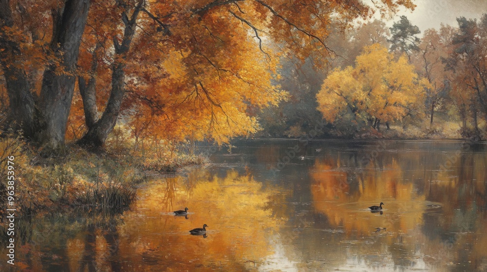 Fototapeta premium Autumnal Forest Reflecting in a Calm Lake with Three Ducks