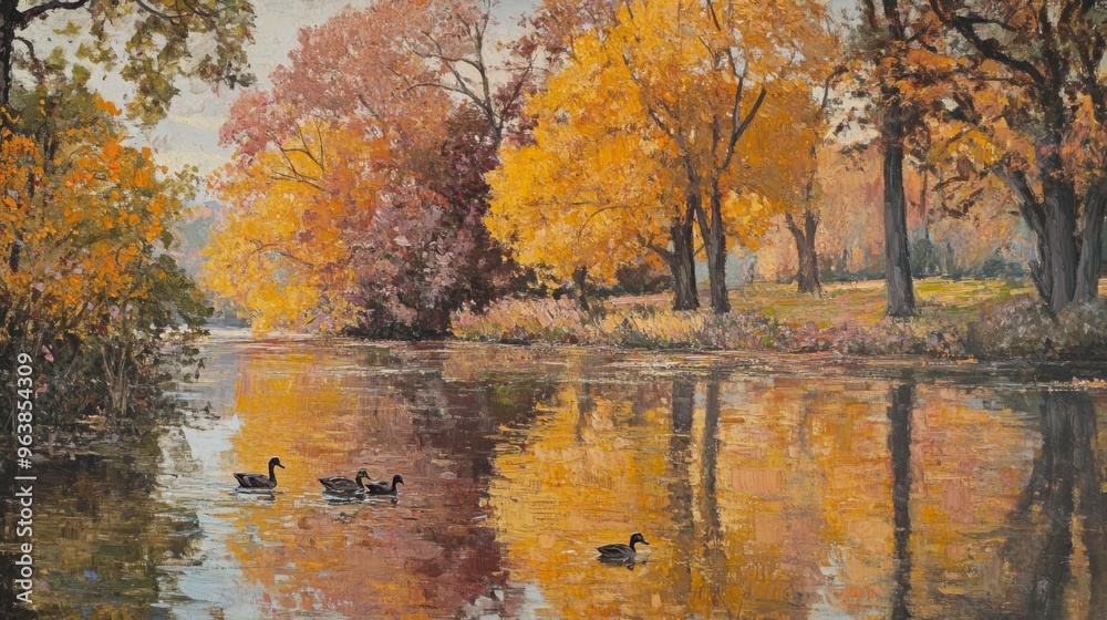 Fototapeta premium Ducks Swimming in a Calm River Surrounded by Autumn Trees