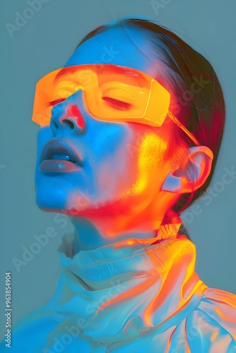 Vibrant Fashion Portrait Neon Colors Glaring Sunglasses Unique Style Distinctive Beauty Modern Aesthetic Expression. AI Generated