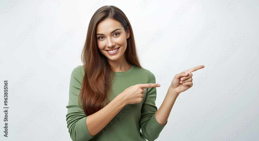 A Young Woman Pointing With Both Hands - White background A Young Woman Pointing With Both Hands - White background