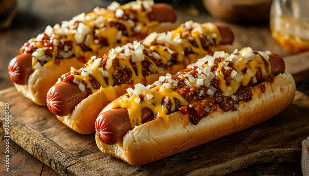 Three loaded hot dogs topped with chili, cheese, and onions on a wooden surface, perfect for a casual meal or gathering. Three loaded hot dogs topped with chili, cheese, and onions on a wooden surface, perfect for a casual meal or gathering.