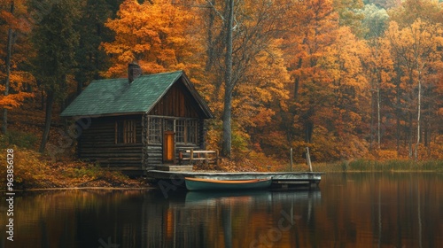 Rustic Cabin by a Tranquil Autumn Lake