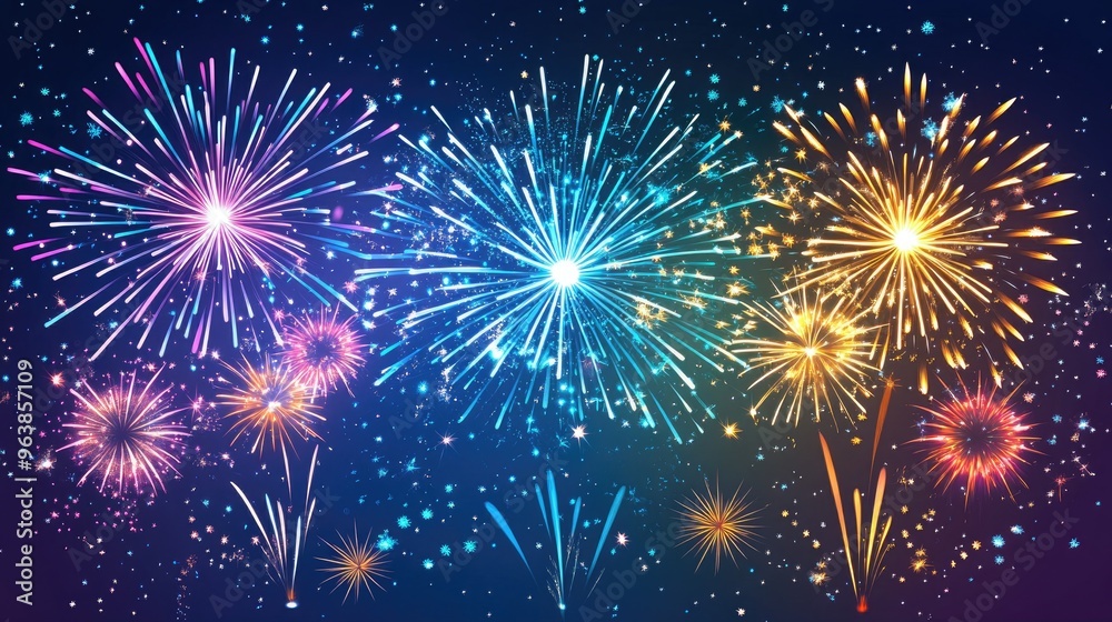 Naklejka premium A vibrant fireworks show illuminates the dark sky, providing a lively and colorful background with plenty of room for copy or design.