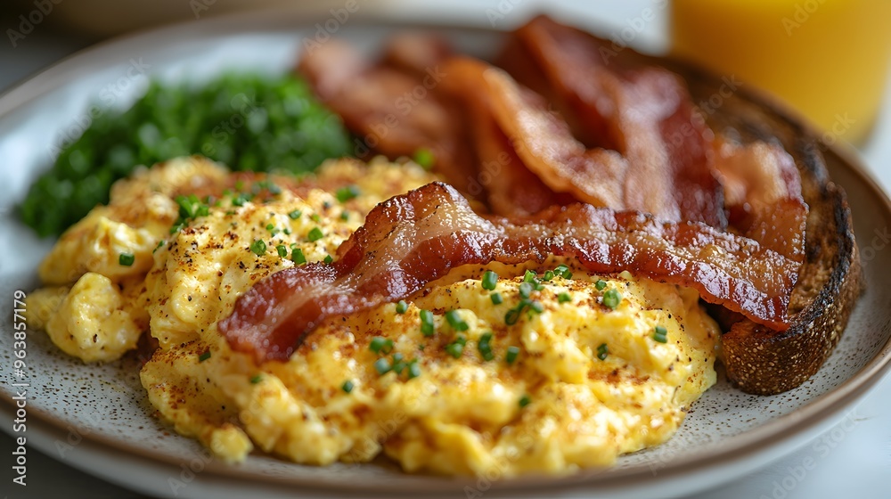 Hearty Breakfast Plate with Crispy Bacon Scrambled Eggs and Toast Hearty Breakfast Plate with Crispy Bacon Scrambled Eggs and Toast