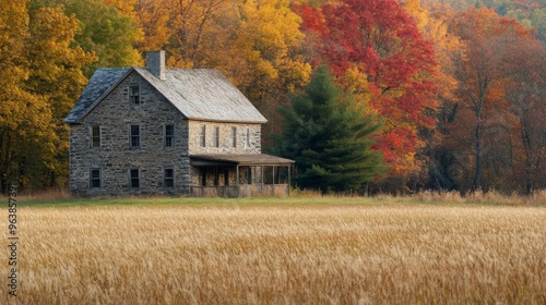 Stone House in a Field with Autumn Trees in Background