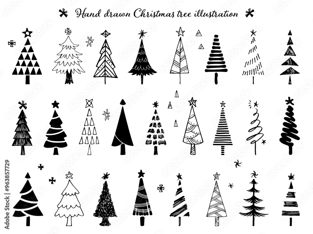 手描きのクリスマスツリーのイラストセット 手描きのクリスマスツリーのイラストセット