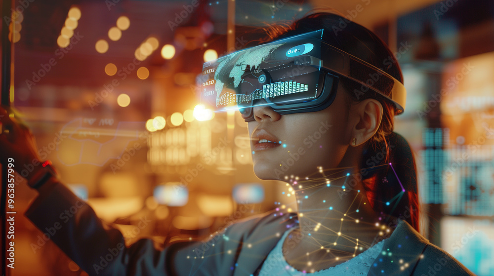 Woman Immersed in Virtual Reality Experience with Futuristic Interface Woman Immersed in Virtual Reality Experience with Futuristic Interface