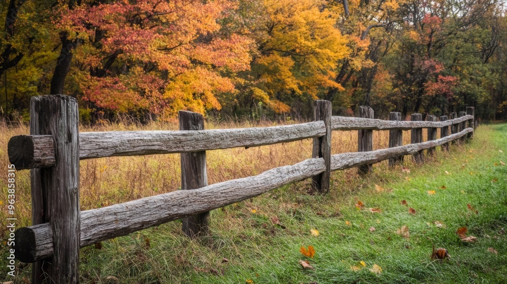 Rustic Wooden Fence Leading Through Autumnal Forest Rustic Wooden Fence Leading Through Autumnal Forest