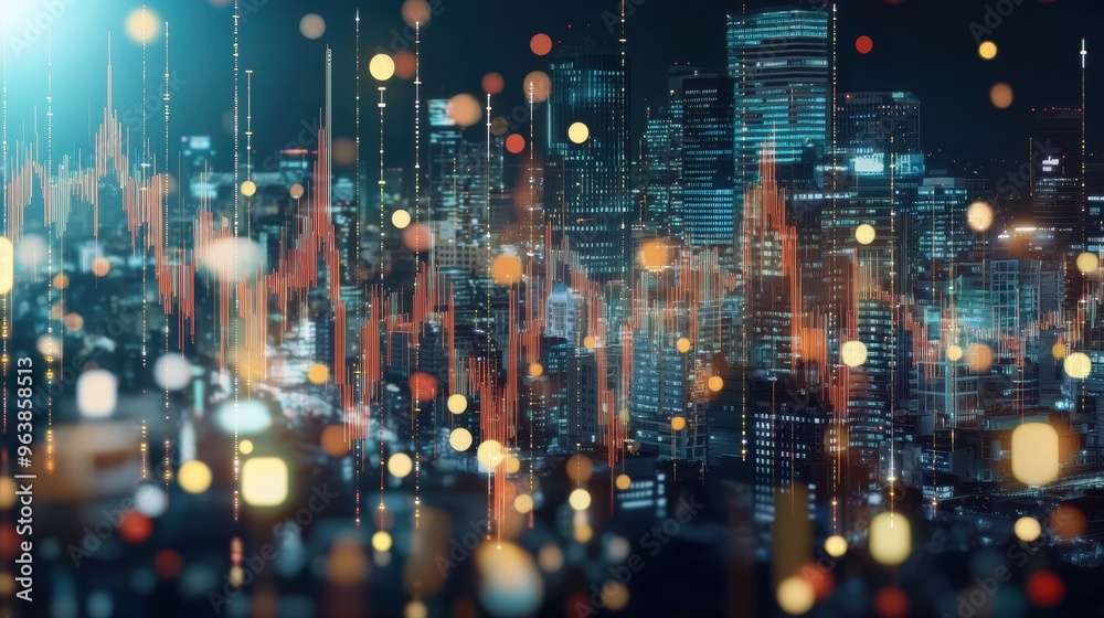 Obraz premium Futuristic Cityscape with Data Visualization and Bokeh Lights