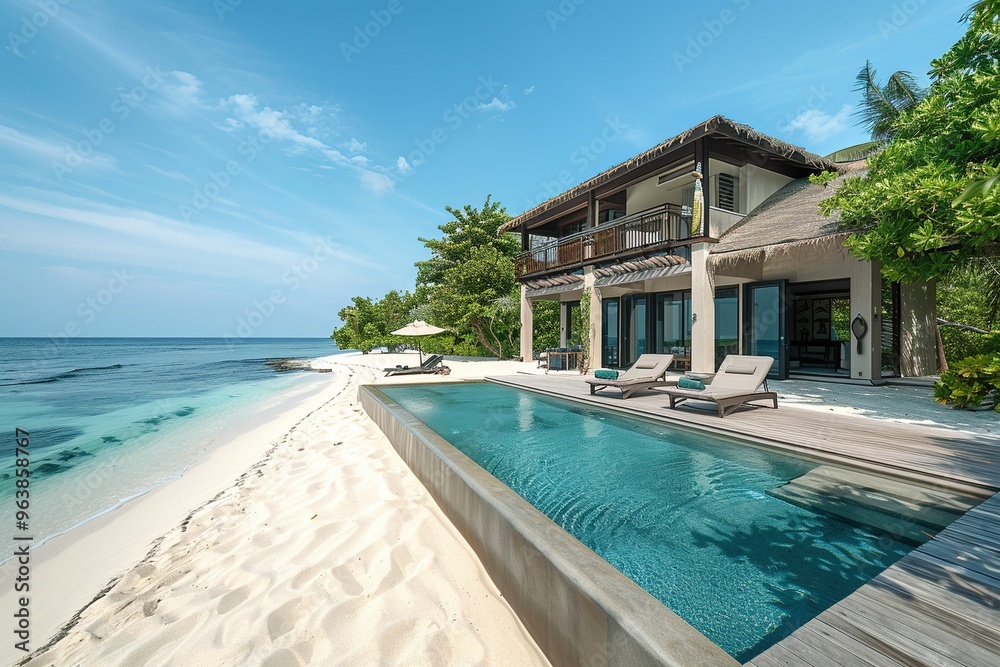 Fototapeta premium A beach house with a pool and a balcony overlooking the ocean