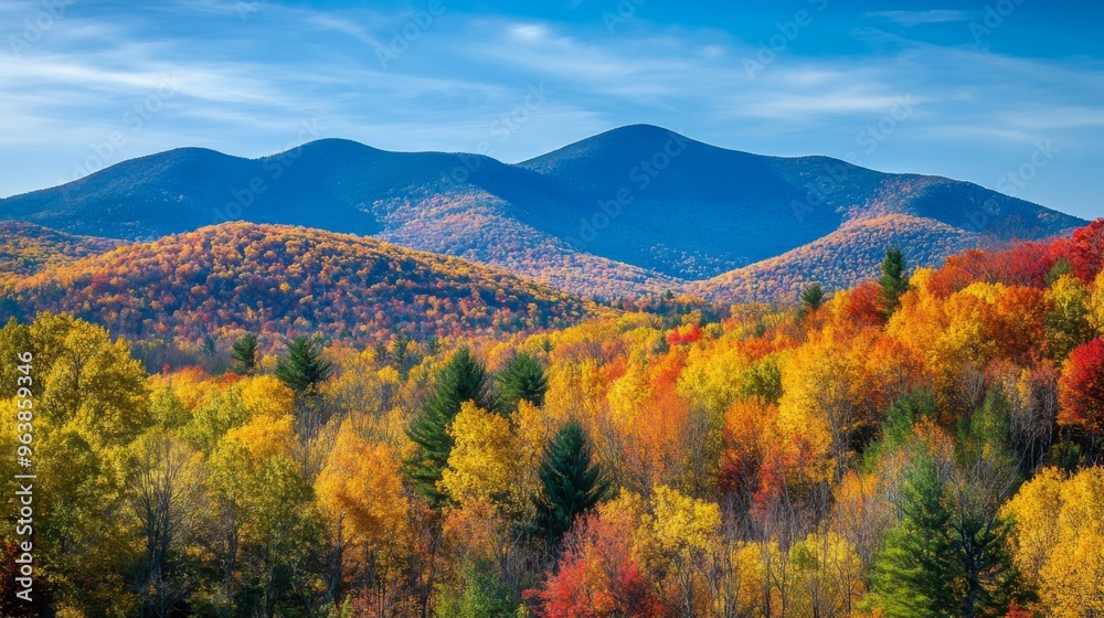 Autumnal Foliage and Mountain Peaks in a Clear Blue Sky