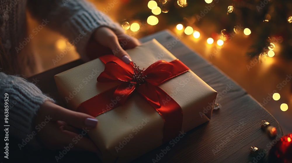 Close-Up of a Woman’s Hands Tying a Red Ribbon on a Christmas Gift Box with a Blurred Christmas Tree in the Background, Warm Holiday Lighting, and Cozy Atmosphere Close-Up of a Woman’s Hands Tying a Red Ribbon on a Christmas Gift Box with a Blurred Christmas Tree in the Background, Warm Holiday Lighting, and Cozy Atmosphere