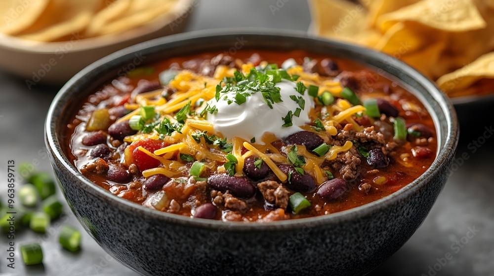 Spicy Chili Bowl with Beans Beef and Cheese Garnish Flavorful and Satisfying Meal Spicy Chili Bowl with Beans Beef and Cheese Garnish Flavorful and Satisfying Meal