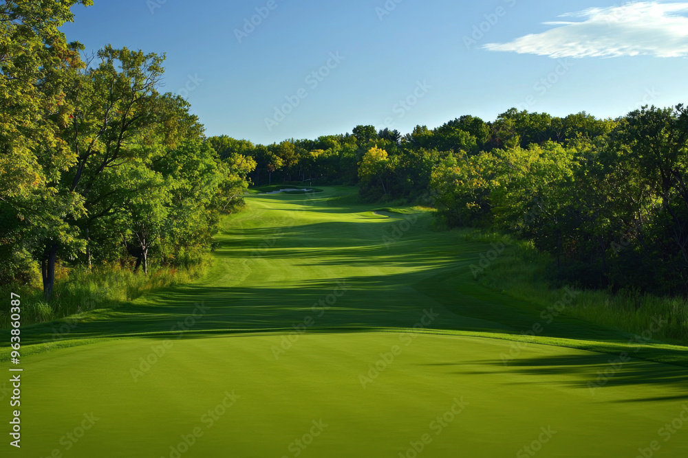 Obraz premium A serene golf course landscape with lush greenery and a clear blue sky, ideal for leisure and outdoor activities.