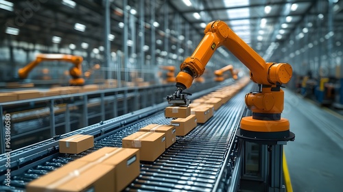 Futuristic Warehouse with Robotic Arms Sorting and Processing Goods for Efficient Distribution and Logistics