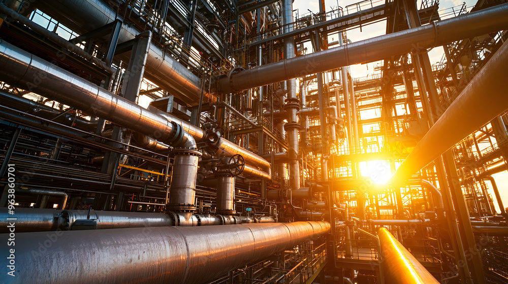 Pipes and valves in a modern oil refinery with sunset background Pipes and valves in a modern oil refinery with sunset background