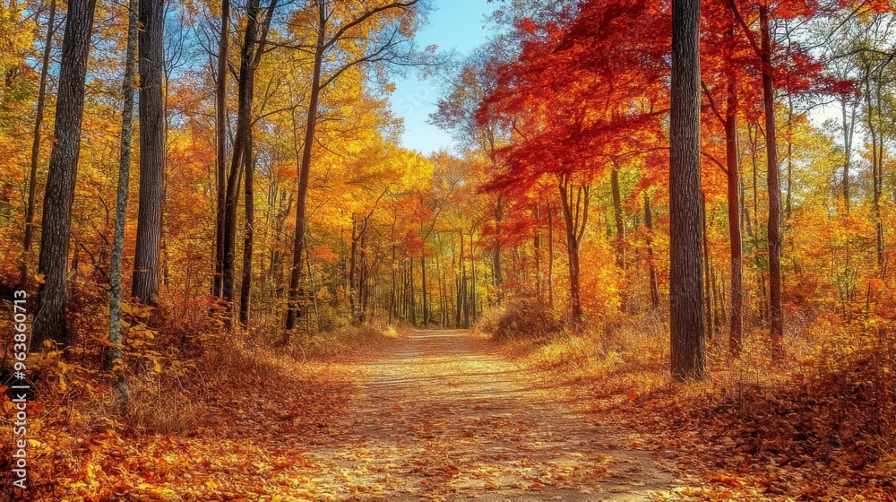 Obraz premium Autumnal Forest Path with Vibrant Foliage