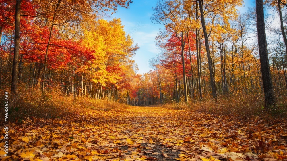 A Path Through an Autumnal Forest with Fallen Leaves A Path Through an Autumnal Forest with Fallen Leaves