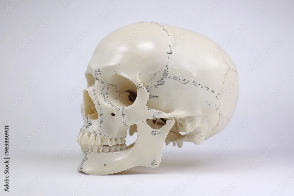 Detailed illustration of a human skull with labeled anatomy for educational purposes Detailed illustration of a human skull with labeled anatomy for educational purposes