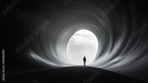 Person at the end of a tunnel with bright light. The concept of hope and liberation. Person walking towards bright light