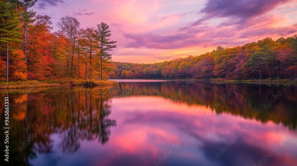 Obraz premium Serene Autumnal Lake Reflecting Pink Sunset Sky