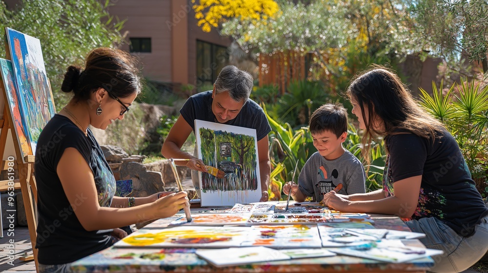 An LGBTQ+ family painting together at an outdoor art station, creating colorful masterpieces and bonding through creativity in a sunlit garden An LGBTQ+ family painting together at an outdoor art station, creating colorful masterpieces and bonding through creativity in a sunlit garden