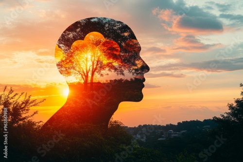 Long term potentiation cortical columns and neurosynaptic circuits silhouette with a tree inside symbolizing cognitive growth mental clarity and neural flow photo