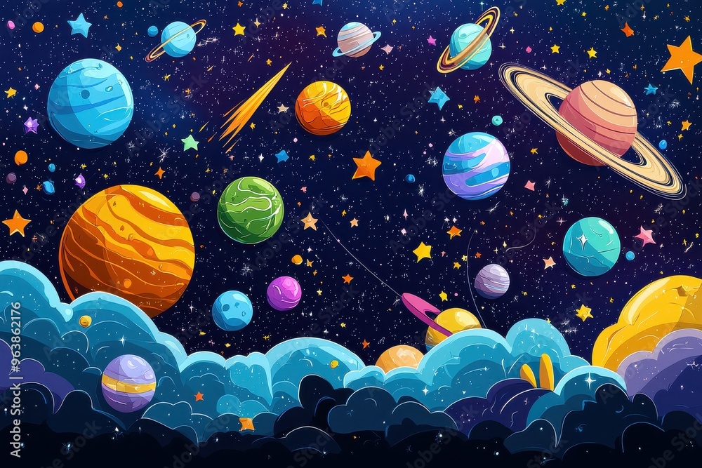 Vibrant Outer Space Fantasy Landscape with Colorful Planets and Comets Vibrant Outer Space Fantasy Landscape with Colorful Planets and Comets