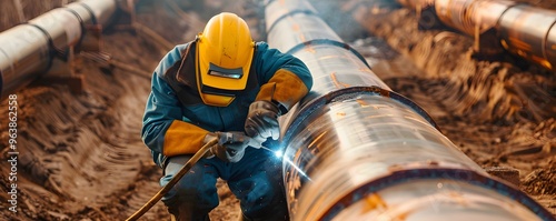 Welder Working on a Large Pipe in a Trench photo