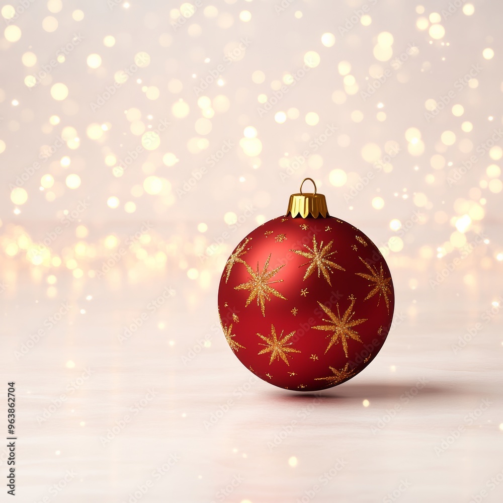 A 3D illustration of a red Christmas ornament with a gold star pattern, surrounded by a soft, blurred background of twinkling lights A 3D illustration of a red Christmas ornament with a gold star pattern, surrounded by a soft, blurred background of twinkling lights