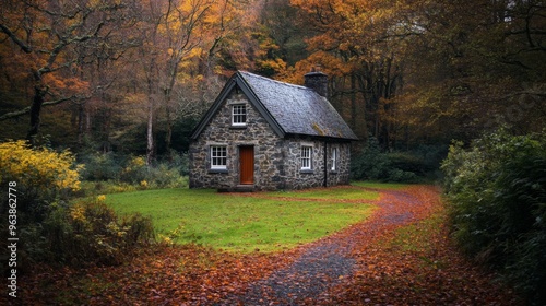 Stone Cottage in an Autumn Forest with a Pathway