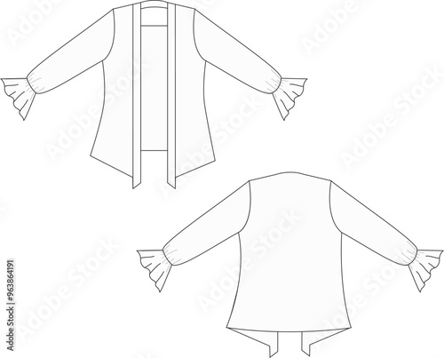 Long kebaya kutu baru technical drawing with zipper, traditional style, and elegant fit