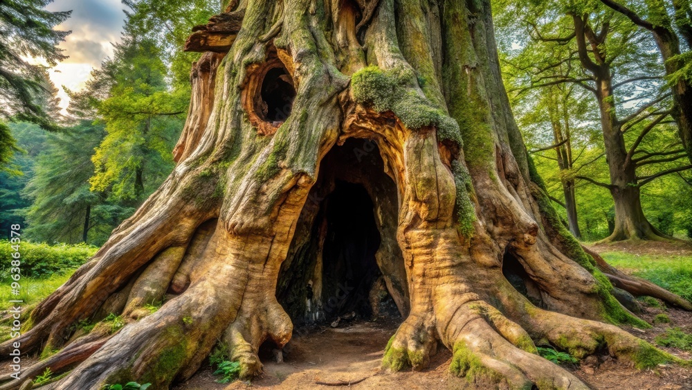 Close up of a decaying ancient tree with a massive hollow trunk Close up of a decaying ancient tree with a massive hollow trunk