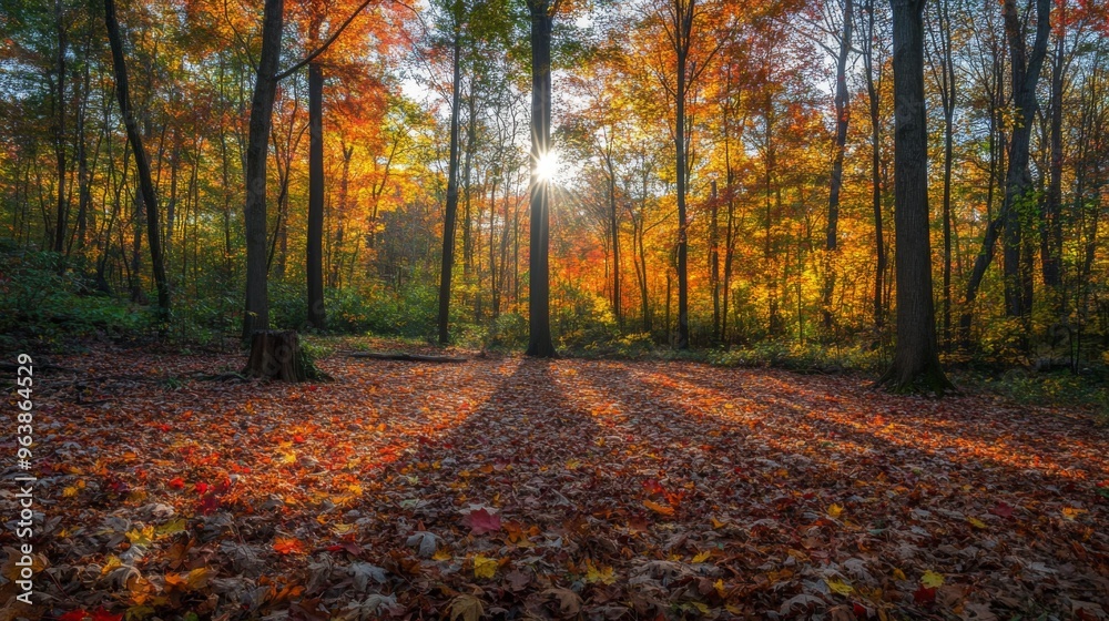 Fototapeta premium Sunbeams Illuminating a Forest Floor Covered in Fall Leaves