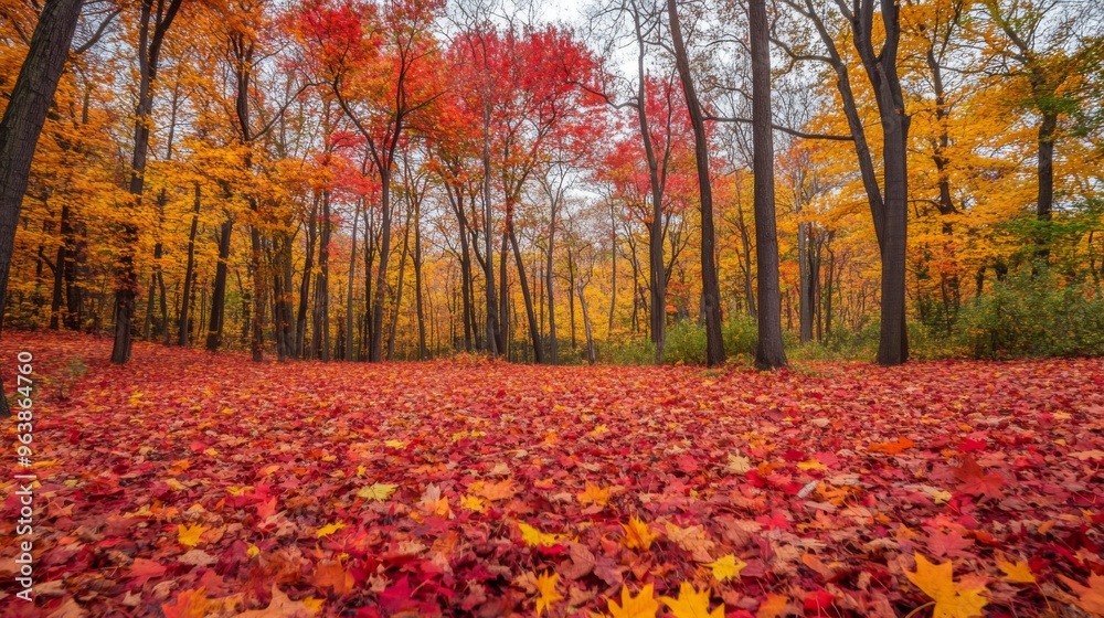 Fototapeta premium Autumn Forest Floor Covered in Red and Yellow Leaves