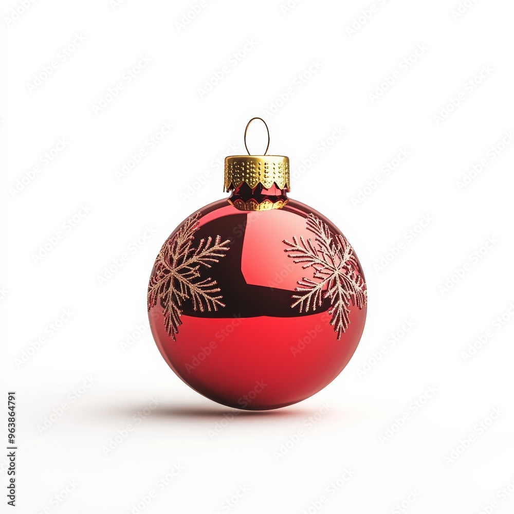 A 3D illustration of a shiny red Christmas ornament with a gold cap, featuring intricate snowflake patterns on a white background A 3D illustration of a shiny red Christmas ornament with a gold cap, featuring intricate snowflake patterns on a white background