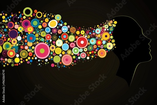 Hemispheric activity thought propagation and cognitive overload silhouette of a head with colorful abstract floating circles representing creative ideas against a black background photo