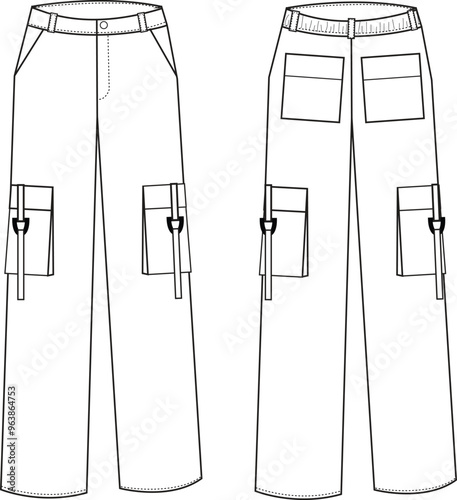 Cargo pants technical drawing with zipper, multiple pockets, utility style, and relaxed fit
