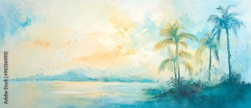 Serene Tropical Watercolor Painting with Ethereal Palm Trees and Soft Blue Skies